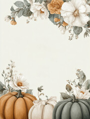 Elegant autumn composition with pumpkins and flowers on soft neutral background perfect for thanksgiving invitations fall decorations seasonal holiday designs and rustic harvest themed artwork