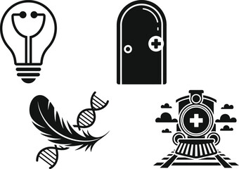 Medical and scientific symbols: healthcare, DNA, innovation, and travel concepts illustrated in black and white