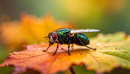 Naklejka premium Fly resting on green-orange leaf, insect with wings, blurred natural autumn backdrop. Macro shot.