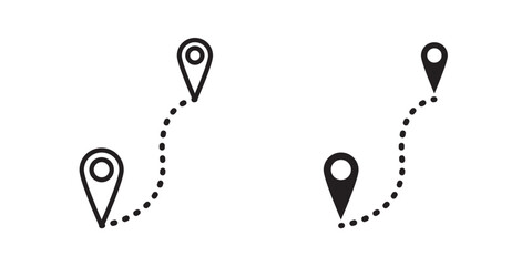 Path icon. Route icon between two points with dotted path and location pin. Vector illustration with stroke and fill on a white background.