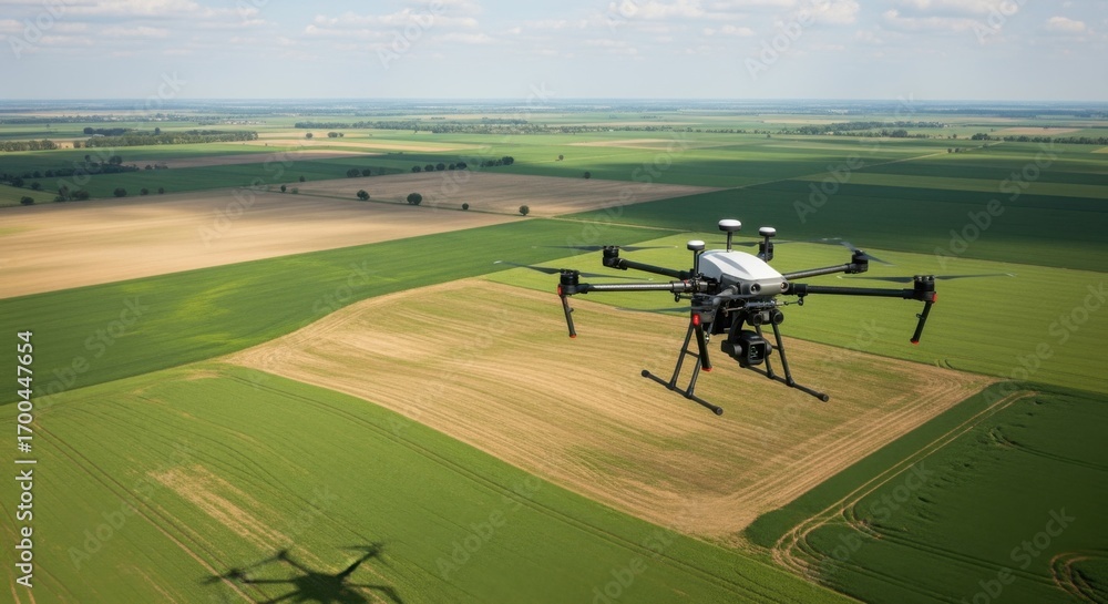 Poster medium shot showing a drone following a preset flight pattern mapping large farmland areas to monito