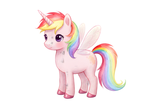 Cute Rainbow Unicorn Illustration with Sparkling Wings on Transparent Background