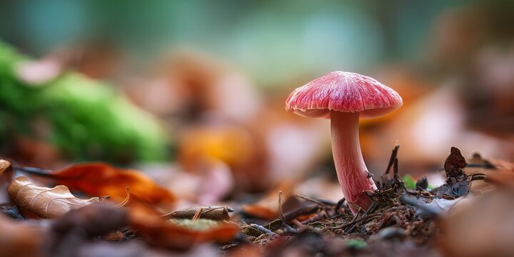 red-capped mushroom in sharp focus, with the background a gentle, out-of-focus blur of autumn leaves on the forest floor