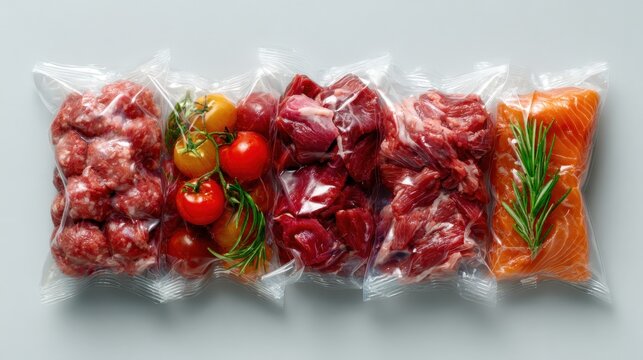An array of vacuum packed meats alongside fresh tomatoes highlights the importance of preserving food freshness and flavors, appealing to culinary enthusiasts.