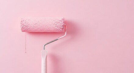 Obraz premium Pink Paint Roller Dripping on a Smooth, Monochromatic Pink Wall