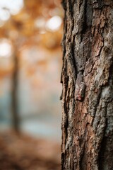Fototapeta premium a tree bark with a unique texture, in sharp focus, with the background a gentle, out-of-focus mix of autumn colors