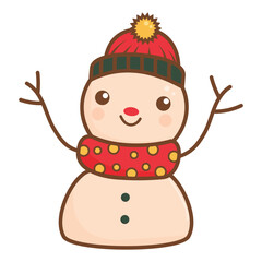 Happy snowman wearing a red hat and polka-dot scarf, raising stick arms in a festive winter pose, perfect for holiday themes.