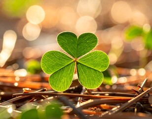 A vibrant three-leaf clover, bathed in sunlight, rests on a bed of pine needles.