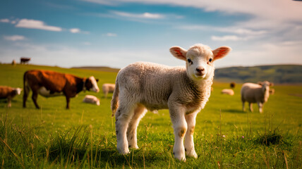Obraz premium Adorable Lamb in Sunny Green Pasture Field