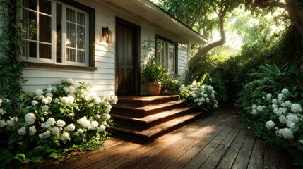 Naklejka premium A picturesque wooden cottage nestled among lush greenery and white flowers, emanating a serene and inviting atmosphere perfect for relaxation and tranquility.