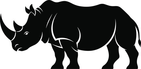 Flat vector illustration of black rhinoceros silhouette, wildlife animal icon, rhino horn, African safari mammal, nature conservation, wild beast drawing, vector art