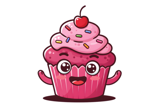 Cute Smiling Pink Cupcake Illustration With Cherry Dessert on Transparent Background - Powered by Adobe
