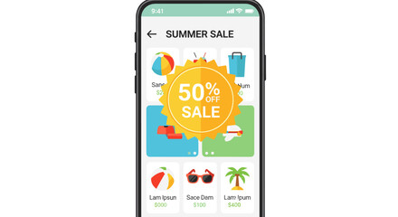 A modern smartphone displays a vibrant summer sale advertisement, featuring a 50% off discount on vacation products for convenient online shopping.