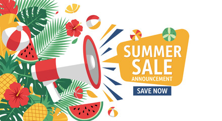 A lively vector illustration announces a vibrant summer sale, featuring a megaphone, tropical leaves, and colorful fruits, ideal for exciting seasonal promotions.