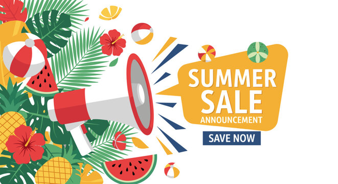 A lively vector illustration announces a vibrant summer sale, featuring a megaphone, tropical leaves, and colorful fruits, ideal for exciting seasonal promotions.