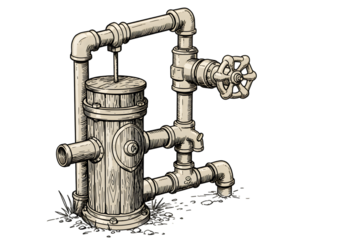 Illustration of Plumbing System with Pipes Valves and Wooden Tank on Transparent Background