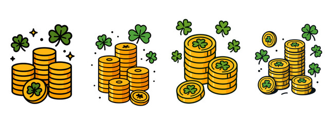 Set of St Patrick's Day icons with stacks of gold coins and lucky green shamrocks isolated on a white background