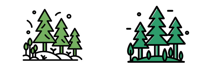 Obraz premium Set of two minimalist forest icons with pine trees and shrubs in a clean line art style isolated on a white background
