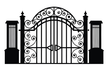Black Wrought Iron Gate with Swirling Designs and Post Lamps Silhouette Illustration