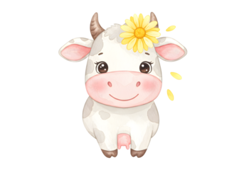 Cute Watercolor Cow Illustration With Yellow Flower Isolated on Transparent