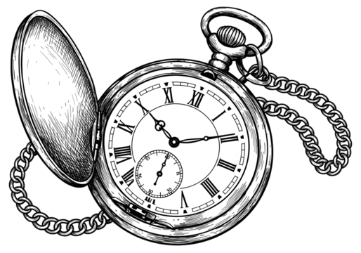 Illustration of Pocket Watch Open Showing Dial and Chain on Transparent Background