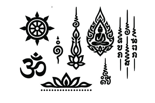 Collection of Buddhist and Hindu spiritual symbols including Om, Dharma wheel, meditating Buddha, and traditional Sak Yant tattoo designs isolated on a white background