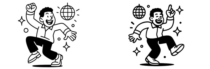Joyful retro cartoon character dancing at a party with a disco ball, black and white line art icon set