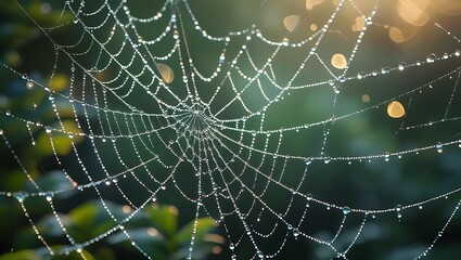 Fototapeta premium Dewdrops adorning a spiderweb in morning sunlight