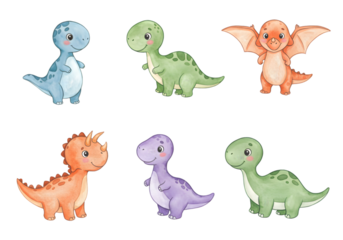 Cute Watercolor Dinosaur Set Illustration with Transparent Background