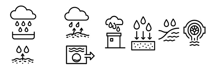 Water cycle and management icon set with symbols for precipitation, evaporation, filtration, and drainage systems