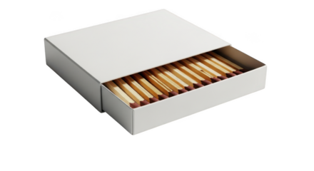 Open matchbox with matches isolated on transparent background, ready to light fire