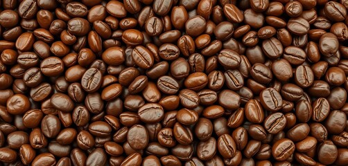 Obraz premium Rich brown coffee beans background texture, close-up, coffee shop, cappuccino