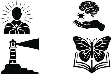 Conceptual black and white illustrations of healing, wisdom, and enlightenment for design needs