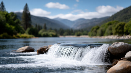 Peaceful river waterfall source for hydroelectric power in mountain valley