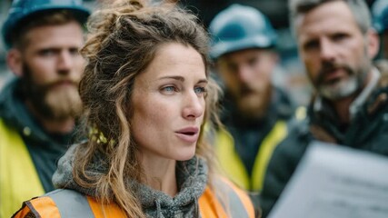 Construction Team Leader Reviewing Project Plans with Diverse Workers at Building Site, Focus on Safety Gear and Collaborative Environment