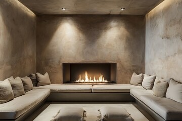 Concrete wall fireplace with narrow open flame line, surrounded by built-in seating and neutral textures. 