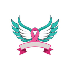 Pink ribbon with wings and banner symbolizing hope and support