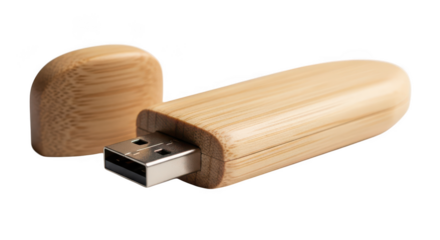 Wooden usb stick isolated on transparent background for data storage and transfer