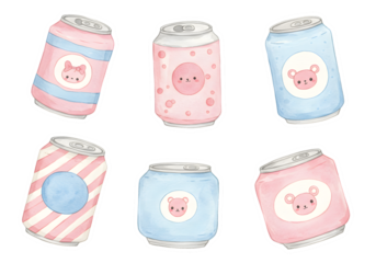 Cute Watercolor Soda Cans Isolated On Transparent Background Illustration