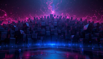 Fototapeta premium Futuristic digital cityscape composed of glowing cubes under electrifying purple skies with neon