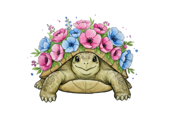 Cute Watercolor Turtle Illustration With Flowers and Transparent Background