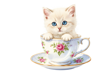 Cute White Kitten With Blue Eyes Inside Decorated Teacup Illustration