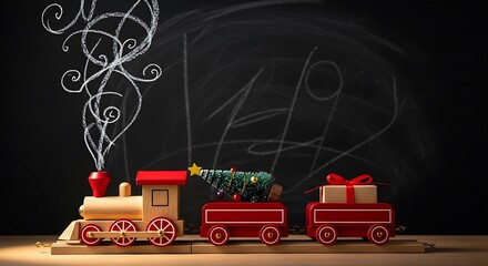 Christmas Train with Gifts and Tree on Blackboard.