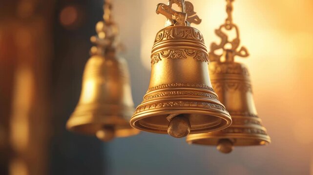 Golden Hanging Temple Bells Swinging Gently. Religious Background with Copy Space.
