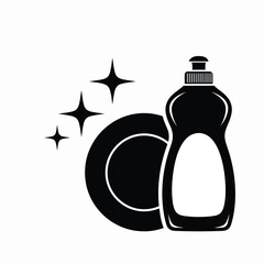 Dish soap bottle and sparkling plate icon representing cleanliness and kitchen hygiene white background