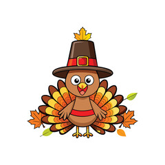 Cute cartoon turkey wearing a pilgrim hat surrounded by autumn leaves
