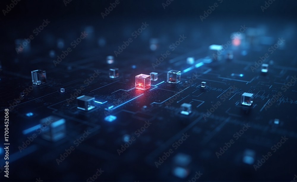 Poster digital network with glowing blue lines connecting cubic data points on a dark background. a promine