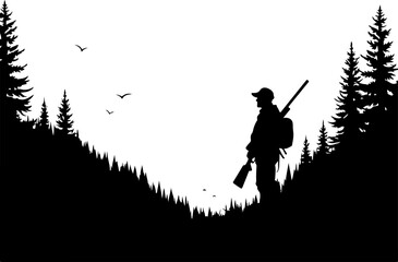 "Silhouette of Hunter Aiming Shotgun at Flying Birds"