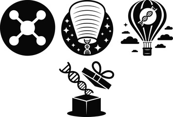 Stunning science-themed icons: DNA, atom, balloon, gift box, perfect for medical, tech, and innovation