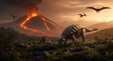 Armored dinosaur grazes near erupting volcano with flowing lava Pterosaurs fly above the dramatic ash filled landscape